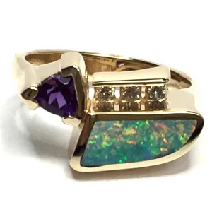 Opal Rings Geometric Inlaid Design with Amethyst and .08ctw Diamonds