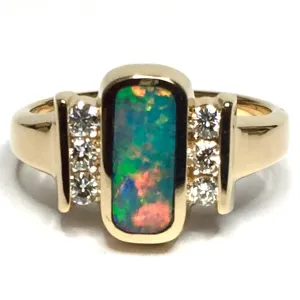 Opal Rings Rectangle Inlaid Design with .24ctw Round Diamonds