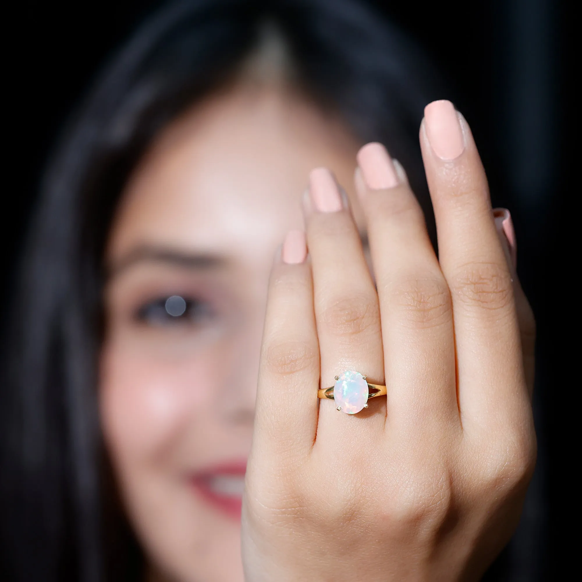 Oval Ethiopian Opal Solitaire Ring in Split Shank