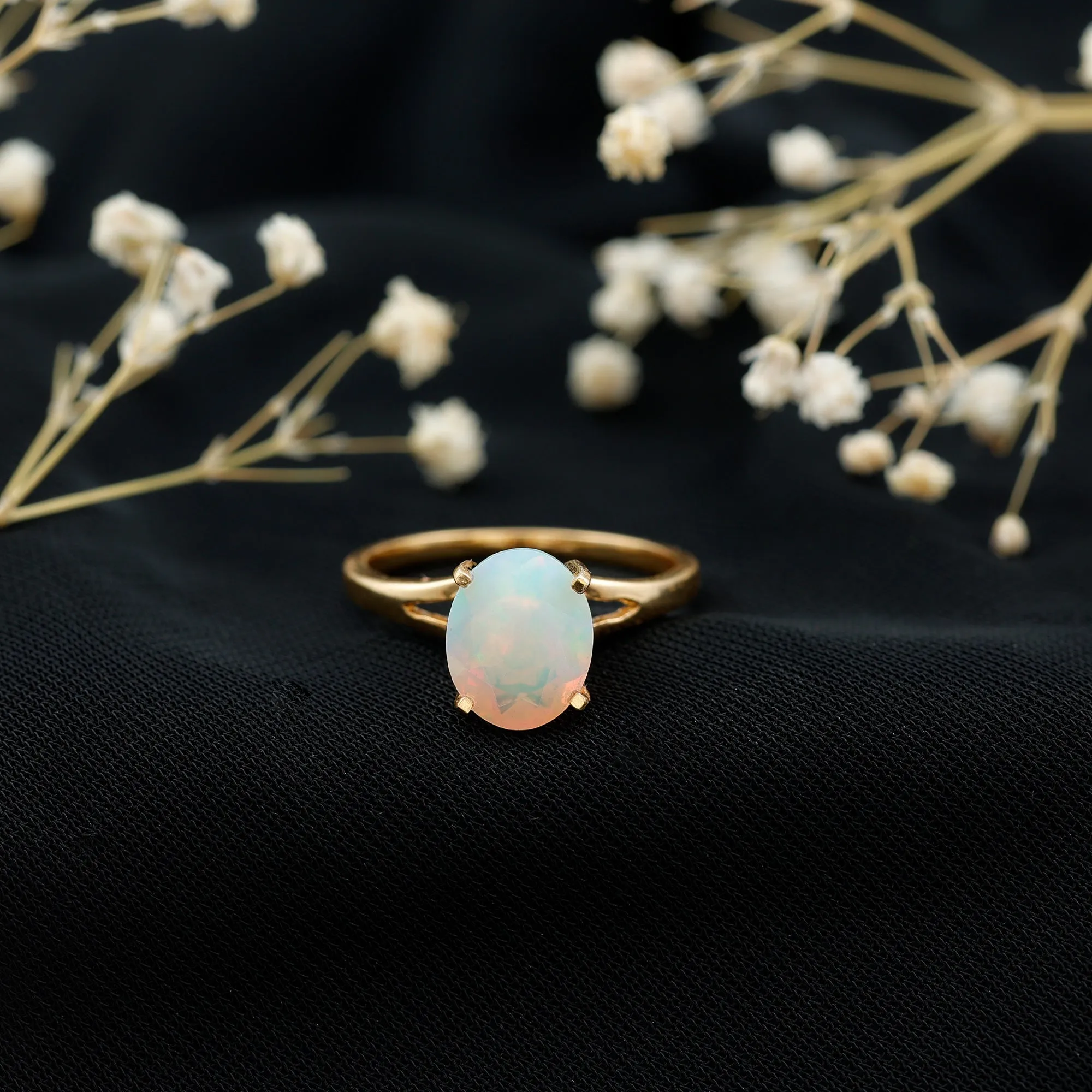 Oval Ethiopian Opal Solitaire Ring in Split Shank