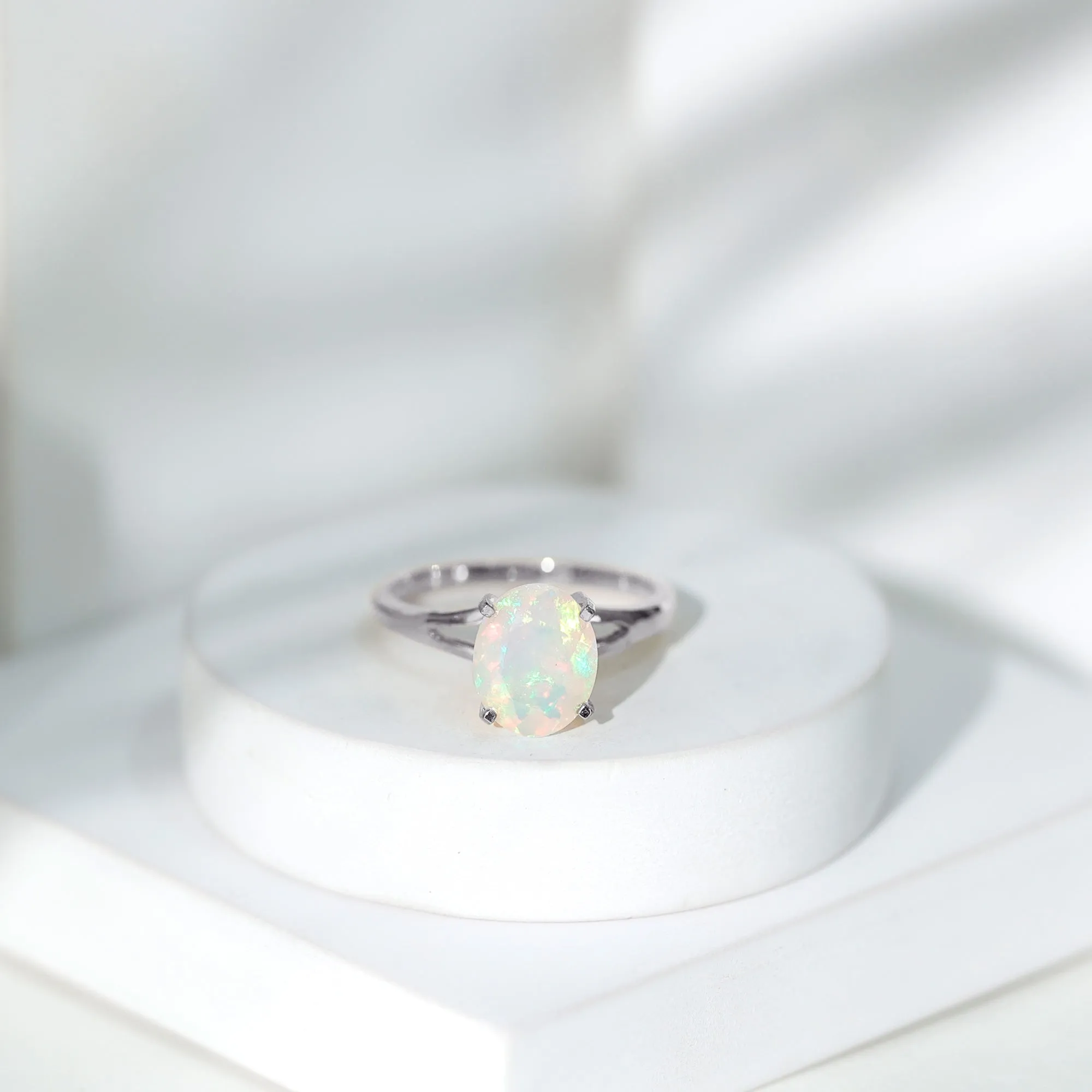 Oval Ethiopian Opal Solitaire Ring in Split Shank