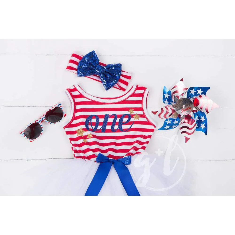 Patriotic Blue Sequined Bow on Red & White Striped Headband