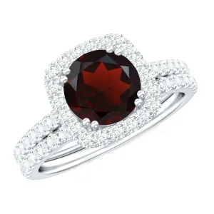 Real Garnet Wedding Ring Set with Diamond Halo