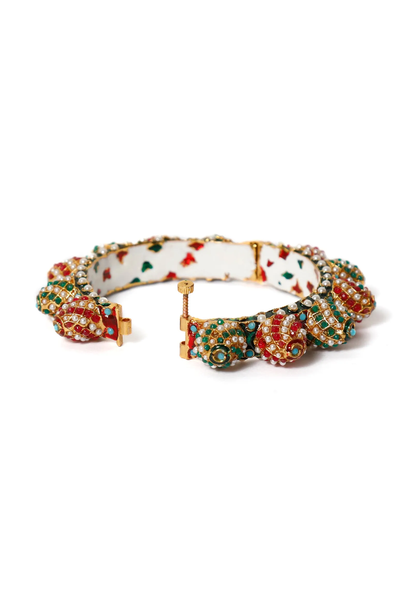 Red & Green Beads Kundan Enamel Gold Bangle