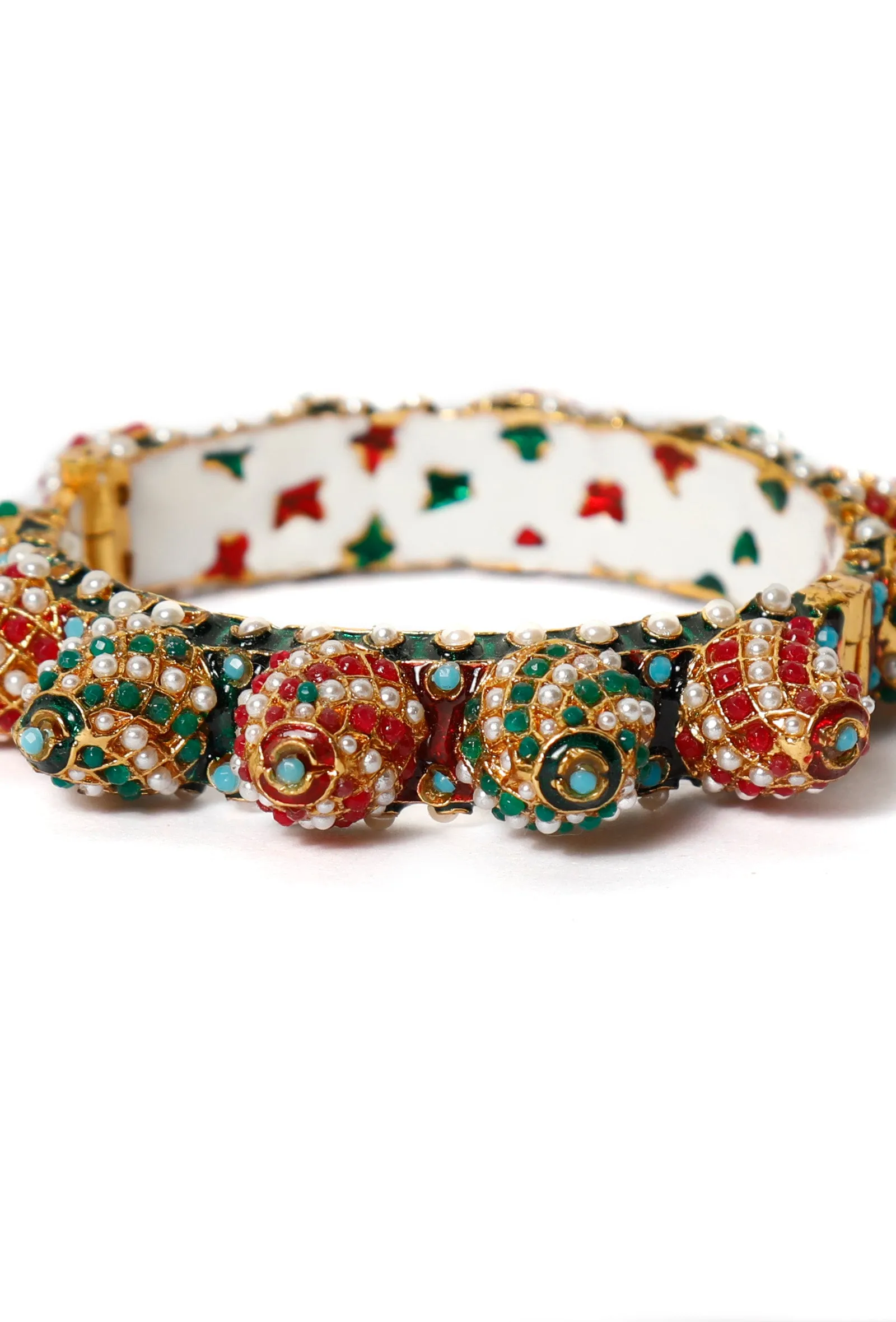 Red & Green Beads Kundan Enamel Gold Bangle