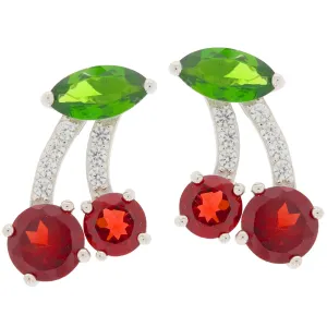 Red Garnet Sterling Silver Earrings with Chrome Diopside Accent