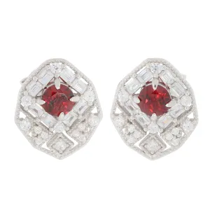 Round Red Garnet Sterling Silver Earrings with Moissanite Accent