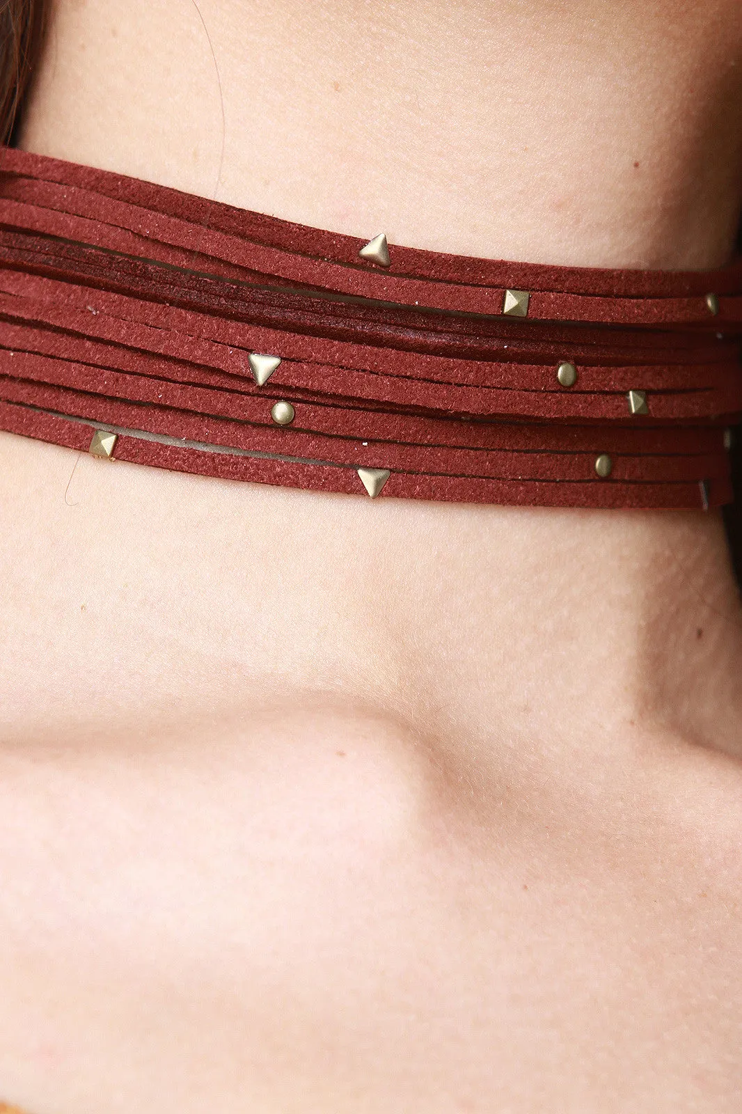 Vegan Suede Strappy Studded Wide Choker Necklace