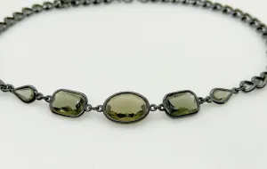 Vintage 1980s Smoky Glass Stones Necklace of Blackened Metal