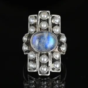 Vintage Statement Silver Pearl Moonstone Cabochon Ring