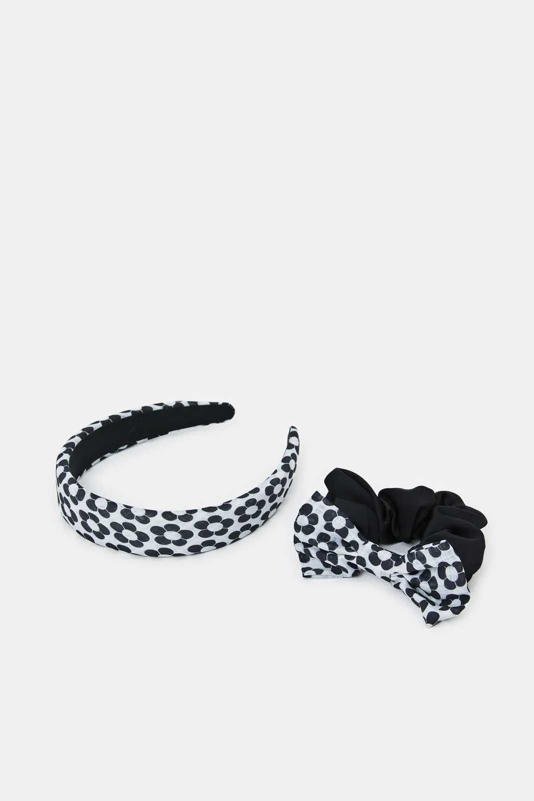 Women Black And White Headband With Scrunchy Set (Pack of 2)